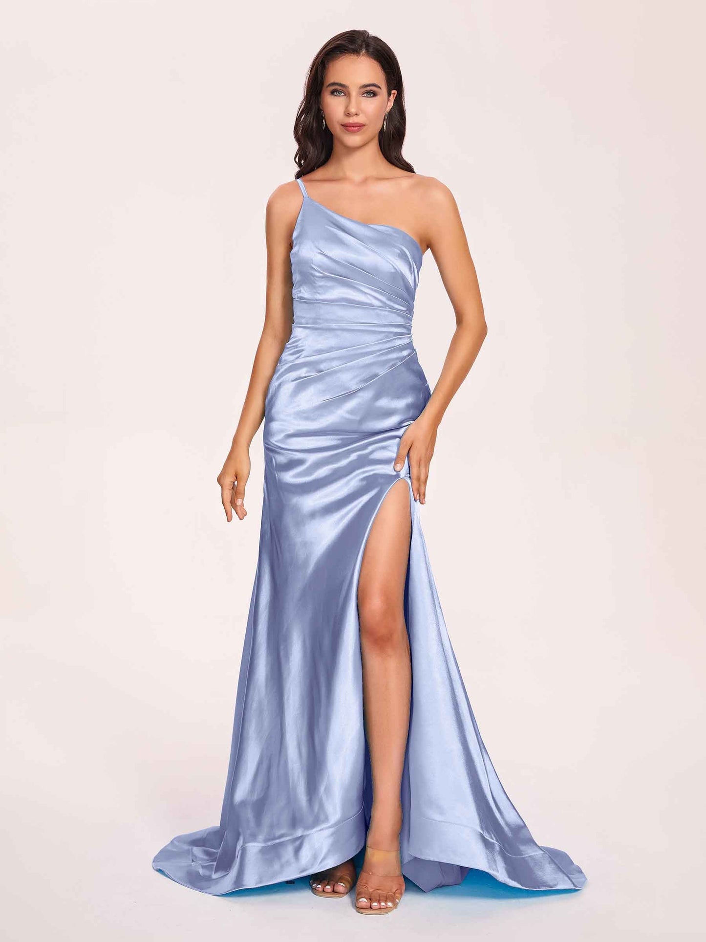 Satin One-shoulder Mermaid Prom Dresses Side Slit Pleats Floor Length