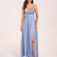Satin Spaghetti Straps A-line Bridesmaid Dresses Side Slit Floor Length