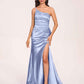Satin One-shoulder Mermaid Bridesmaid Dresses Side Slit Pleats Floor Length