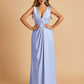 Sexy Satin Deep V-neck Long Bridesmaid Dresses A-line Pleats Sleeveless Floor Length