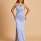 Satin Mermaid Long Bridesmaid Dresses Spaghetti Straps V-neck Side Slit Floor Length