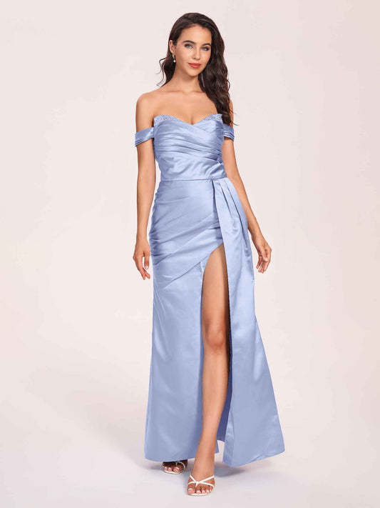 Elegant Satin Off Shoulder Bridesmaid Dresses Side-slit Sweetheart Floor Length Sheath
