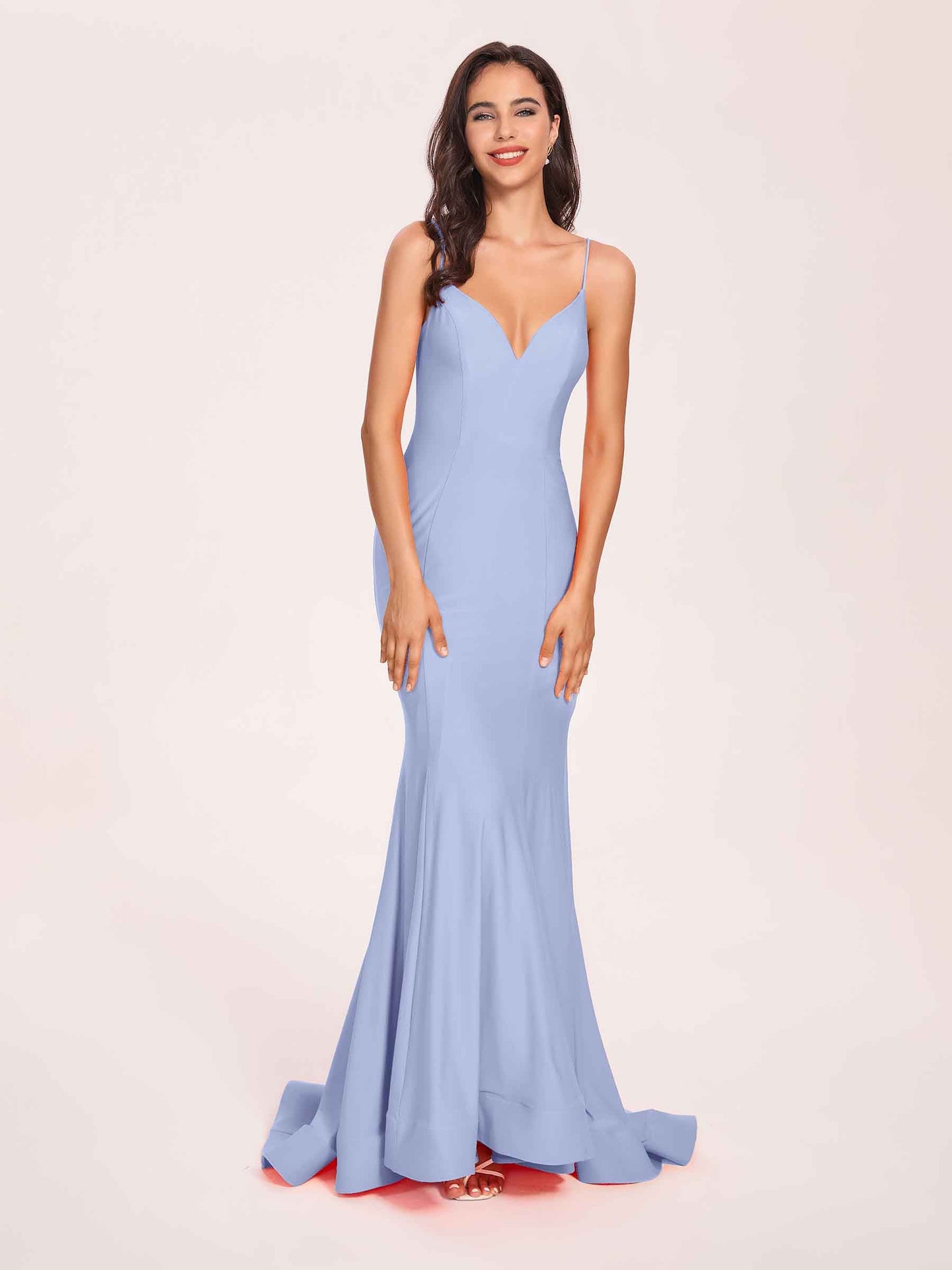 Sexy Satin Mermaid Prom Dresses Spaghetti Straps V-neck Floor Length Lace-up Back