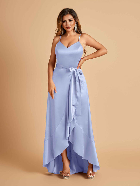 Satin Asymmetric V-neck Bridesmaid Dresses Sleeveless Side Slit A-line Unique