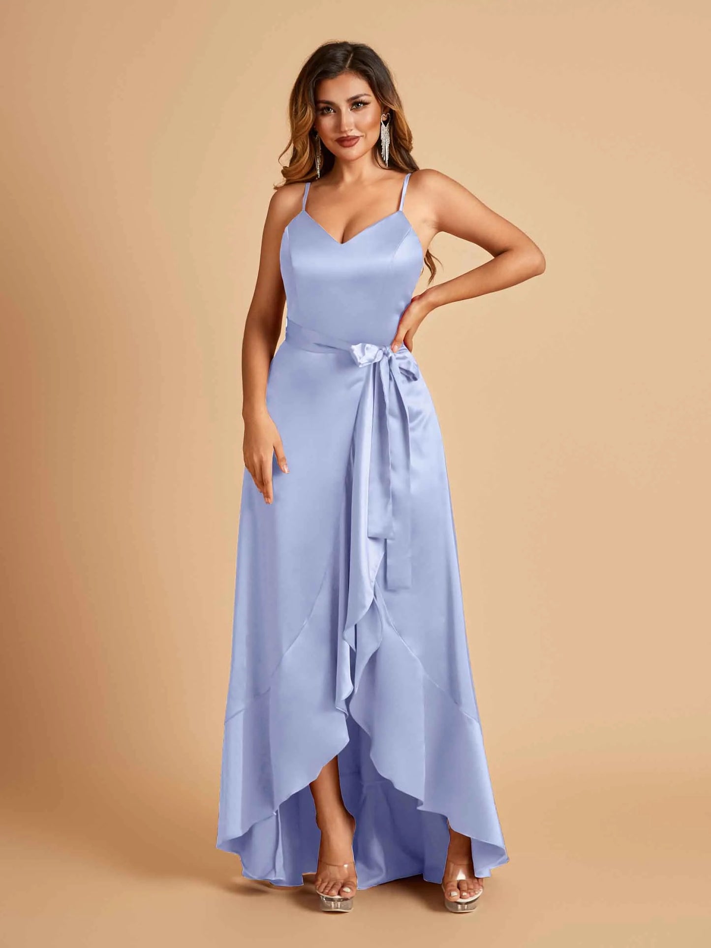 Satin Asymmetric V-neck Bridesmaid Dresses Sleeveless Side Slit A-line Unique For Sale