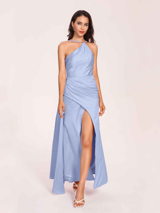 Sexy Satin Halter Strap Sheath Bridesmaid Dresses Side Slit Pleats Floor Length