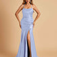 Sexy Satin Mermaid Prom Dresses Spaghetti Straps Scoop Side Slit Criss-cross Back