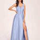 Satin V-neck A-line Prom Dresses Side slit Floor Length