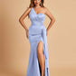Satin One Shoulder Mermaid Bridesmaid Dresses Side Slit Floor Length