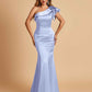Satin One-shoulder Bridesmaid Dresses Ruffle Sleeves Mermaid Floor Length For Sale