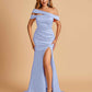 Unique Satin Mermaid Prom Dresses With Off Shoulder Straps Side Slit Floor Length