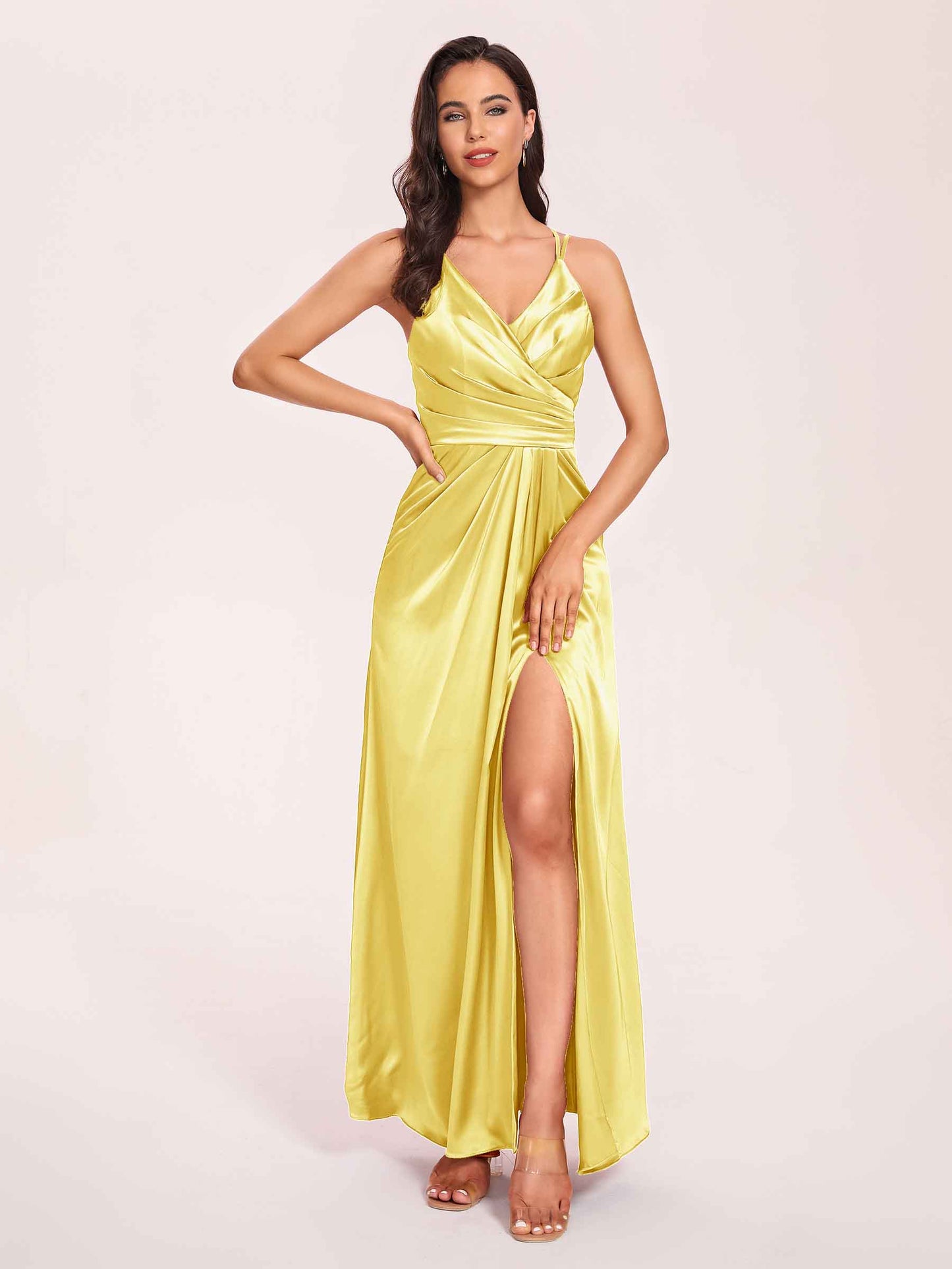 Sexy Satin A-line Bridesmaid Dresses Spaghetti Straps Side Slit V-neck Floor Length