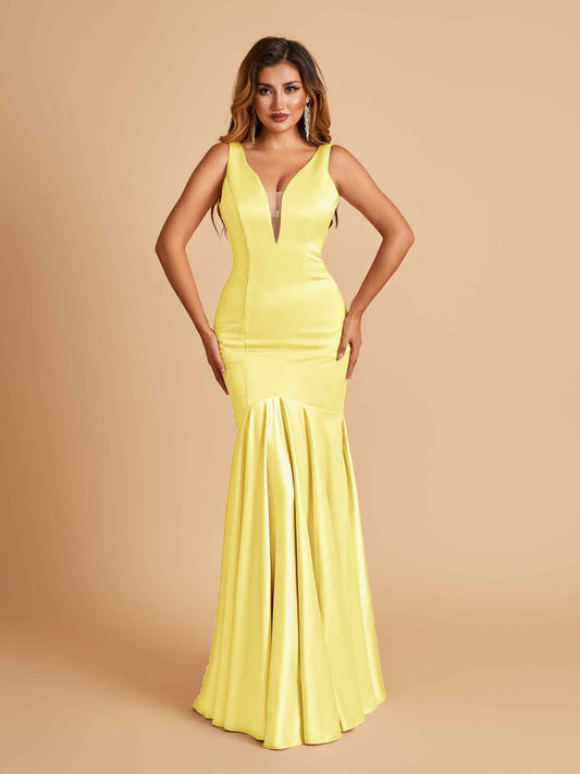 Satin Deep V-neck Mermaid Bridesmaid Dresses Half Open Back Floor Length