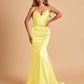 Sexy Satin Mermaid Prom Dresses Spaghetti Straps V-neck Pleats Floor Length