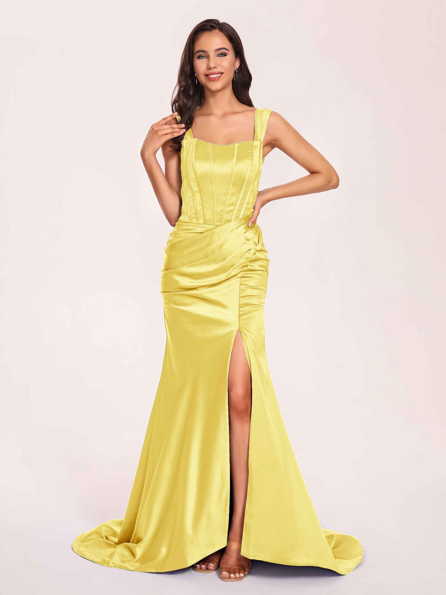 Sexy Satin Square Mermaid Bridesmaid Dresses Pleats Side-Slit Floor-Length Sleeveless