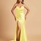 Satin Mermaid V-neck Bridesmaid Dresses Spaghetti Straps Side Slit Floor Length
