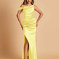 Unique Satin One Shoulder Prom Dresses Side Slit Half Open Back Floor Length