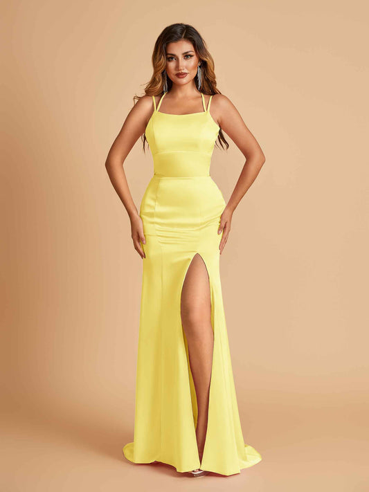 Satin Mermaid Long Bridesmaid Dresses Spaghetti Straps Scoop Side Slit Criss-cross Back