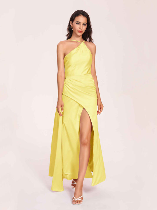 Sexy Satin Halter Strap Sheath Bridesmaid Dresses Side Slit Pleats Floor Length