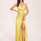 Sexy Satin A-line Prom Dresses Spaghetti Straps Side Slit V-neck Floor Length