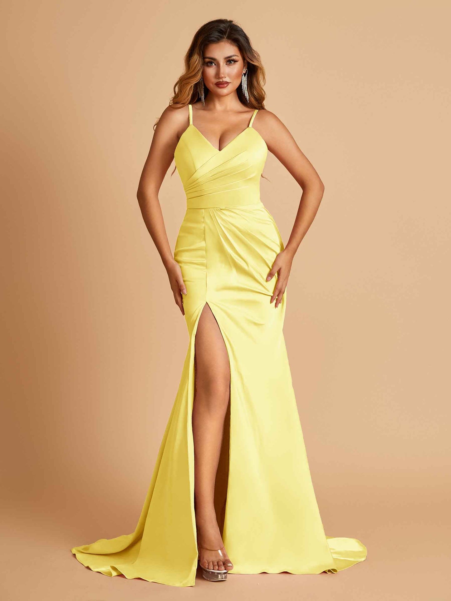 Sexy Mermaid Prom Dresses Spaghetti Straps Satin Side Slit Pleats Floor Length
