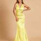 Sexy Satin Criss-cross Back Prom Dresses Mermaid Deep V-neck Back Pleats Floor Length