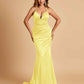 Satin Mermaid Open-back Prom Dresses Spaghetti Straps V-neck With Pleats Floor Length