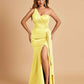 Satin One Shoulder Mermaid Bridesmaid Dresses Side Slit Floor Length