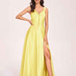 Satin V-neck A-line Prom Dresses Side slit Floor Length