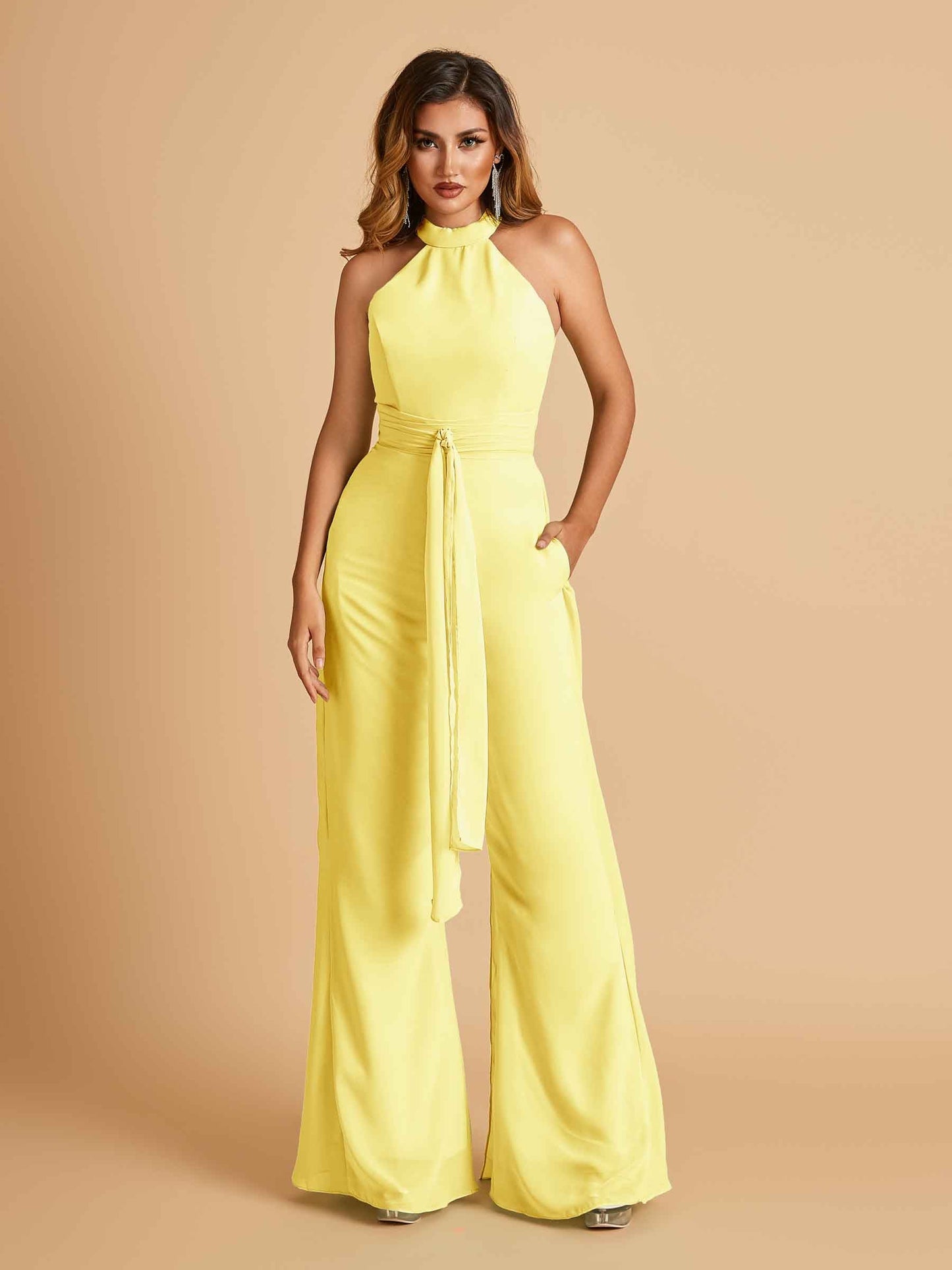 Chiffon Prom Jumpsuit Jewel Neck Sleeveless Floor Length With Pockets