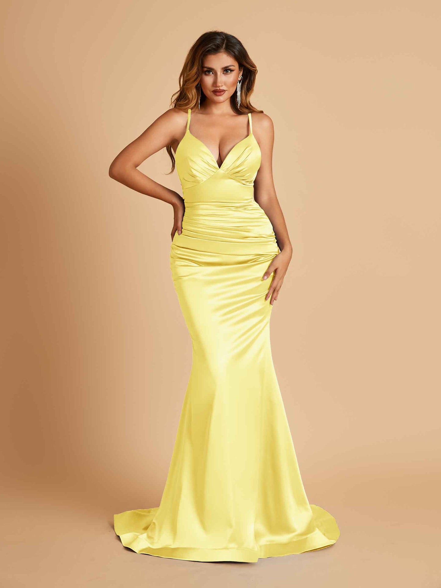 Satin Mermaid V-neck Bridesmaid Dresses Spaghetti Straps Floor Length