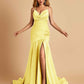 Sexy Satin Mermaid Open Back Prom Dresses Spaghetti Straps V-neck Side Slit