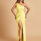 Satin One-shoulder Bridesmaid Dresses Sheath Side Slit Sleeveless Floor Length