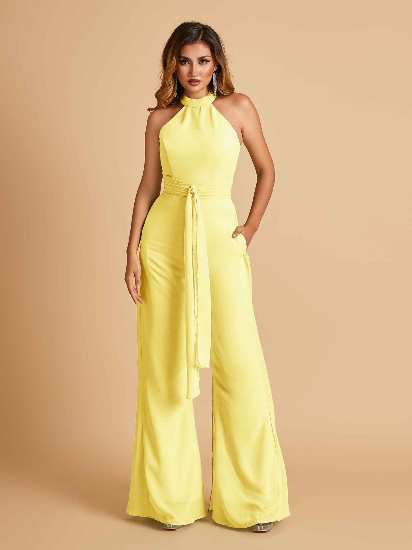 Chiffon Bridesmaid Jumpsuit Jewel Neck Sleeveless Floor Length With Pockets