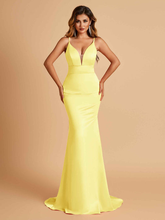 Satin Deep V-neck Mermaid Bridesmaid Dresses Open Back Floor Length