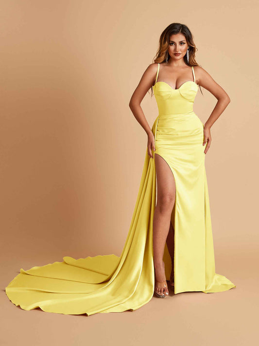 Sexy Satin Sheath Bridesmaid Dresses Spaghetti Straps Sweetheart Side Slit With Train