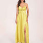Satin Spaghetti Straps A-line Bridesmaid Dresses Side Slit Floor Length