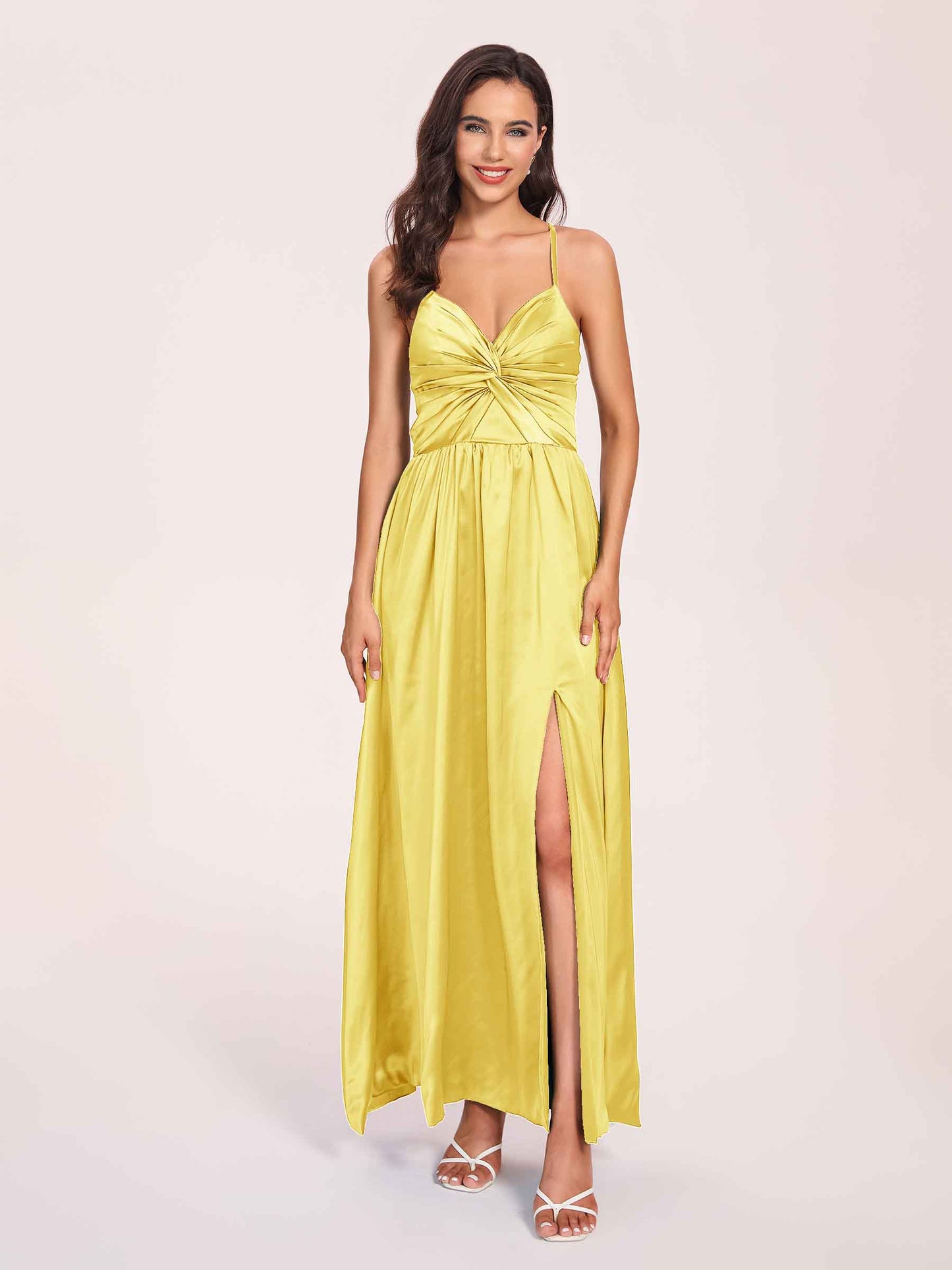 Satin Spaghetti Straps A-line Bridesmaid Dresses Side Slit Floor Length