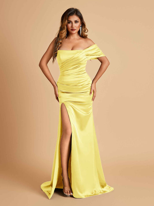 Satin One-shoulder Long Bridesmaid Dresses Side Slit With Pleats Mermaid
