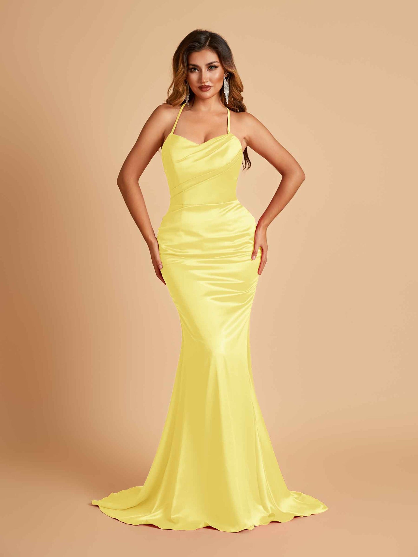 Sexy Satin Mermaid Bridesmaid Dresses Spaghetti Straps Scoop Criss-cross Back