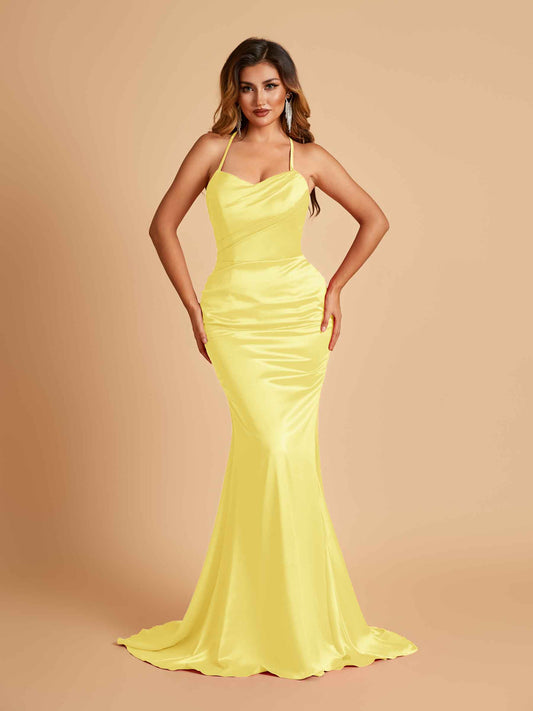Sexy Satin Mermaid Bridesmaid Dresses Spaghetti Straps Scoop Criss-cross Back