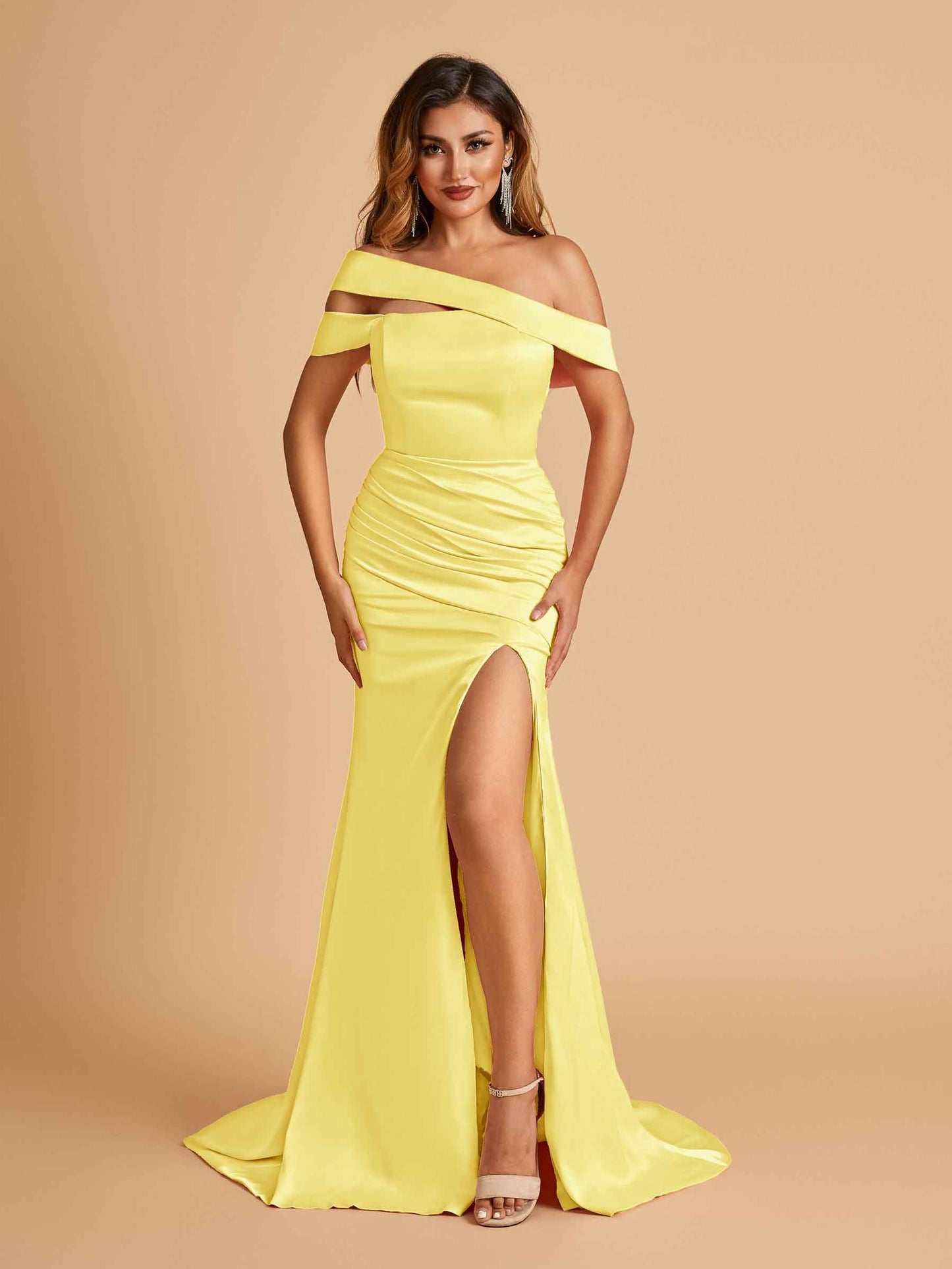 Unique Satin Mermaid Prom Dresses With Off Shoulder Straps Side Slit Floor Length