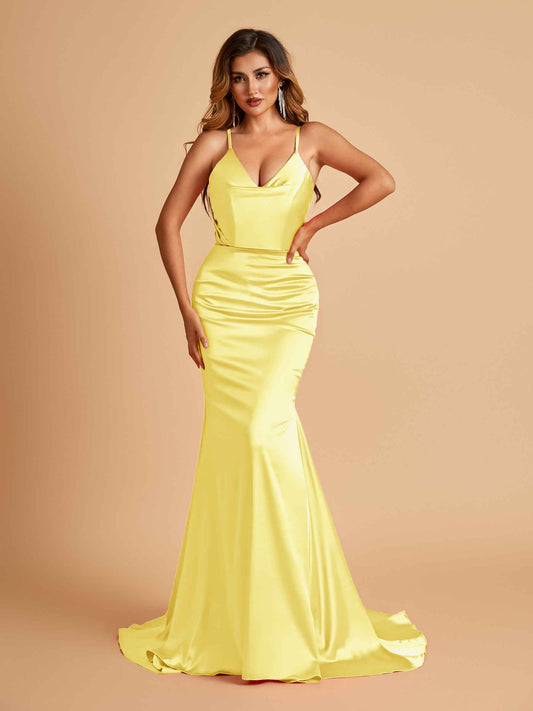 Sexy Satin Mermaid Bridesmaid Dresses Spaghetti Straps V-neck Pleats Floor Length