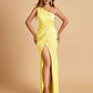Satin One-shoulder Prom Dresses Sheath Side Slit Sleeveless Floor Length