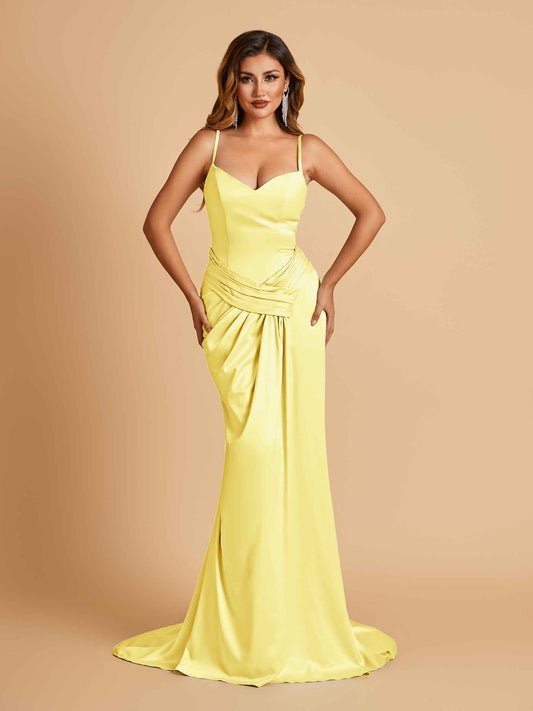 Satin Mermaid Sweetheart Bridesmaid Dresses Spaghetti Straps With Pleats Floor Length