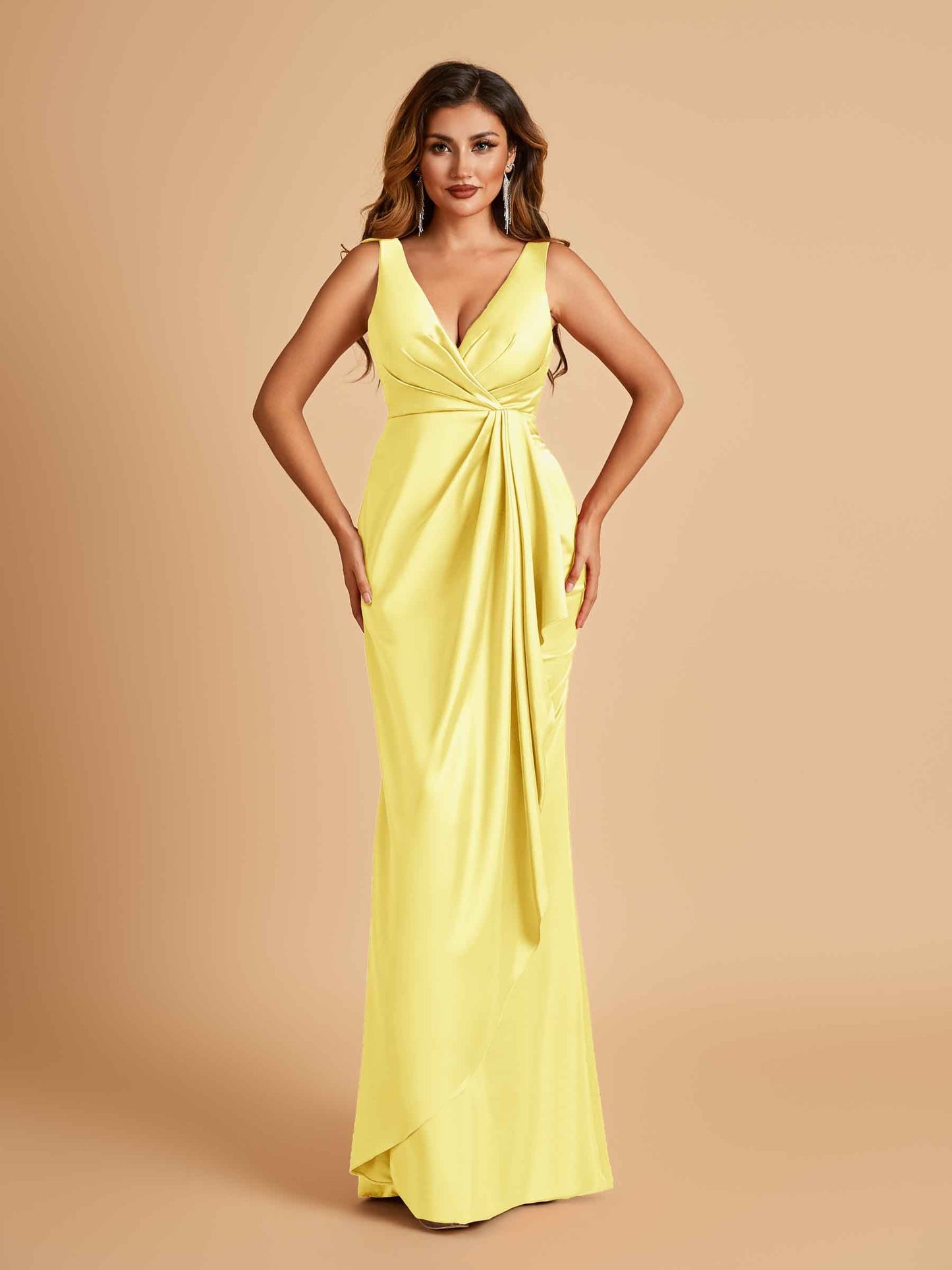 Sexy Satin Sheath V-neck Prom Dresses Strapless Floor Length