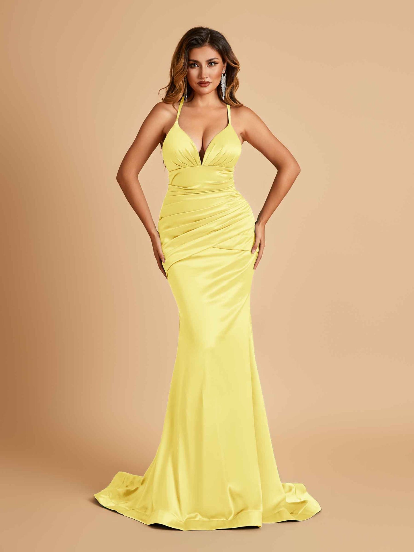 Satin Mermaid Open-back Bridesmaid Dresses Spaghetti Straps V-neck With Pleats Floor Length
