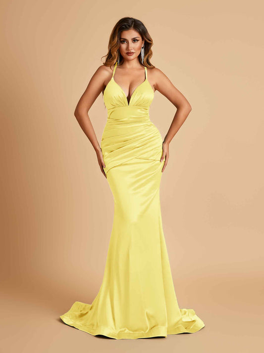 Satin Mermaid Open-back Bridesmaid Dresses Spaghetti Straps V-neck With Pleats Floor Length