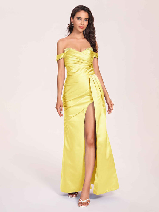 Elegant Satin Off Shoulder Bridesmaid Dresses Side-slit Sweetheart Floor Length Sheath
