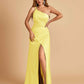 Satin One Shoulder Sheath Prom Dresses Spaghetti Straps Side Slit Floor Length